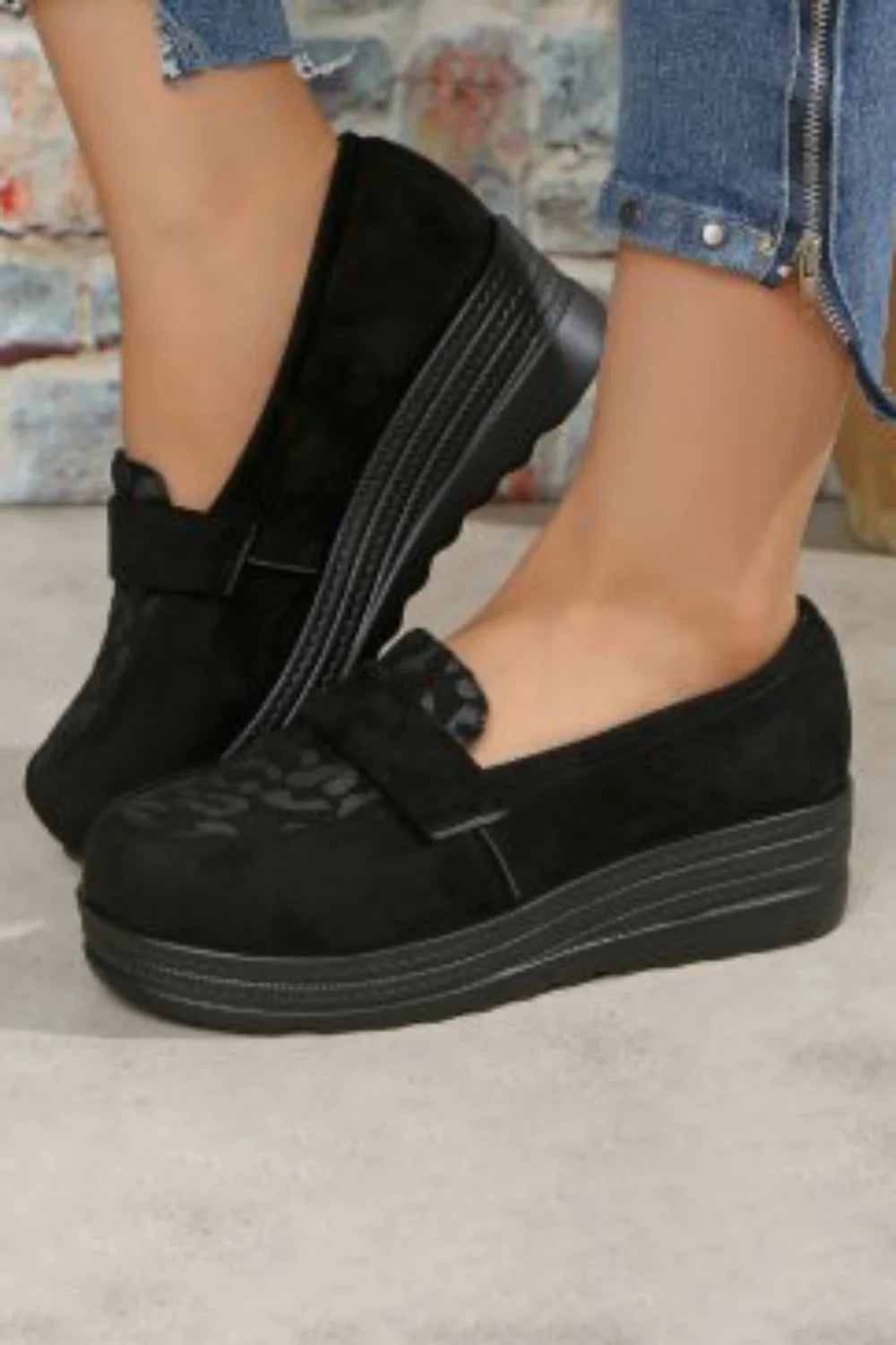 Leopard Print Penny Strap Trim Platform Wedge Round Toe Loafers