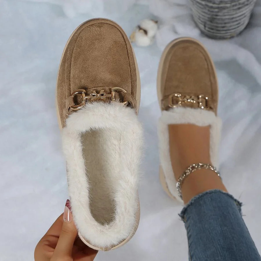 Horsebit Buckle Decor Thickened Plush Lined Fur Trim Slip On Wedge Loafers
