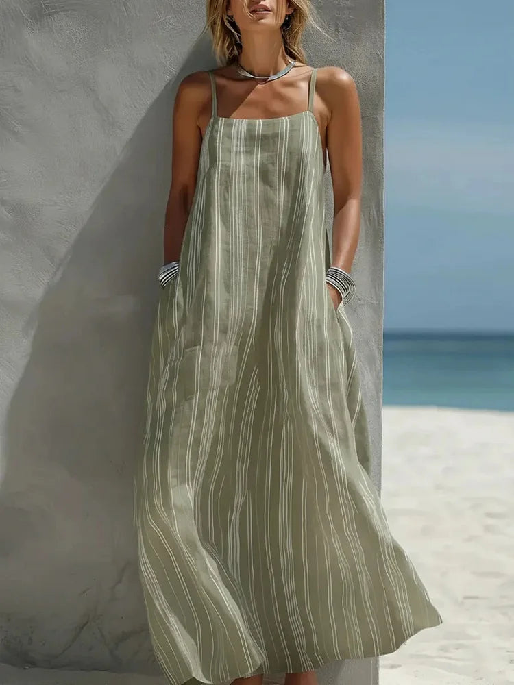 Women's Simple Striped Cotton-linen Strap Dress