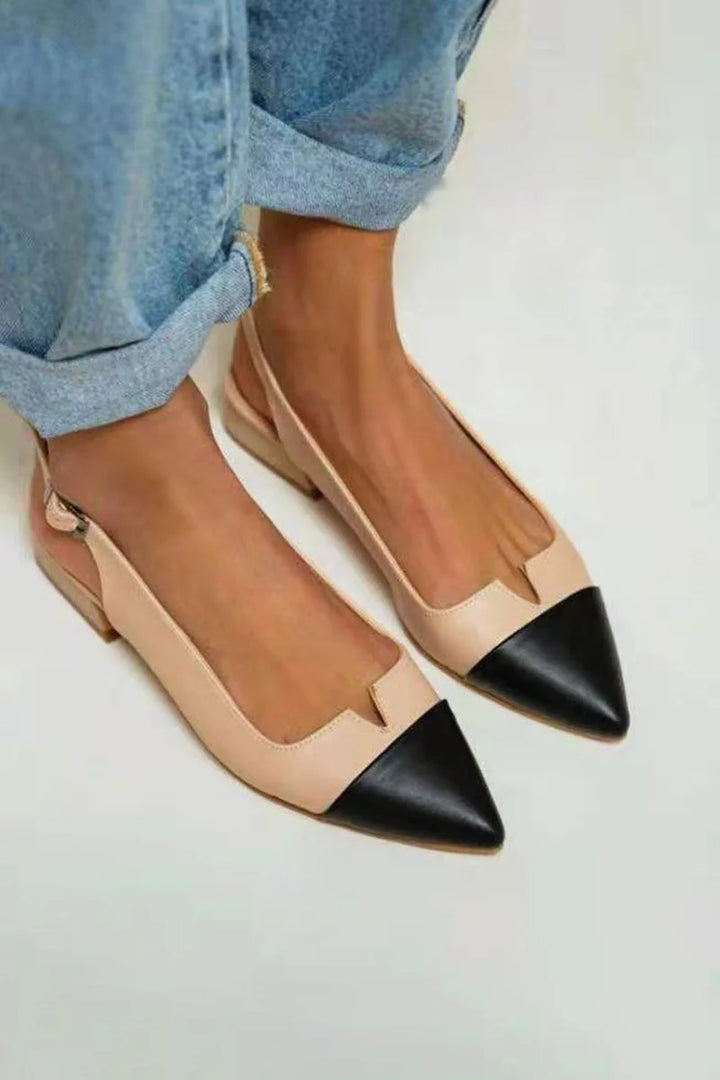 Colorblock V Cut Pointed Toe Slingback Strap Buckle Flats