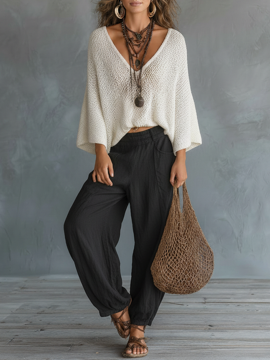 Women's Minimalist Lightweight Cape-sleeved Sweater And Harem Pants Set