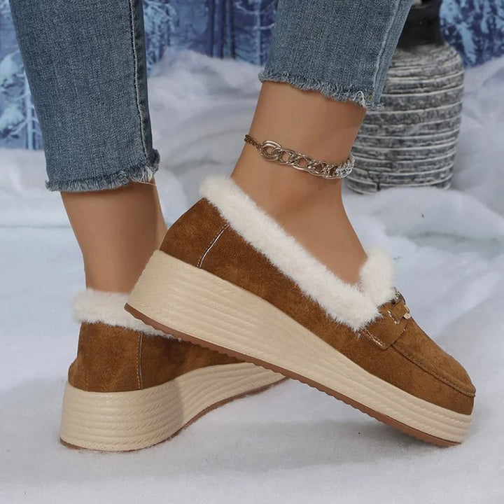 Horsebit Buckle Decor Thickened Plush Lined Fur Trim Slip On Wedge Loafers