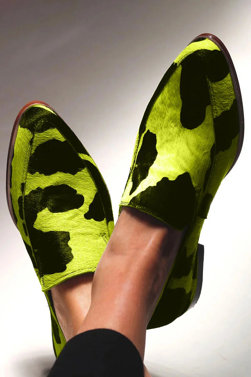 Mocassins décontractés à bout pointu en cuir véritable motif vache