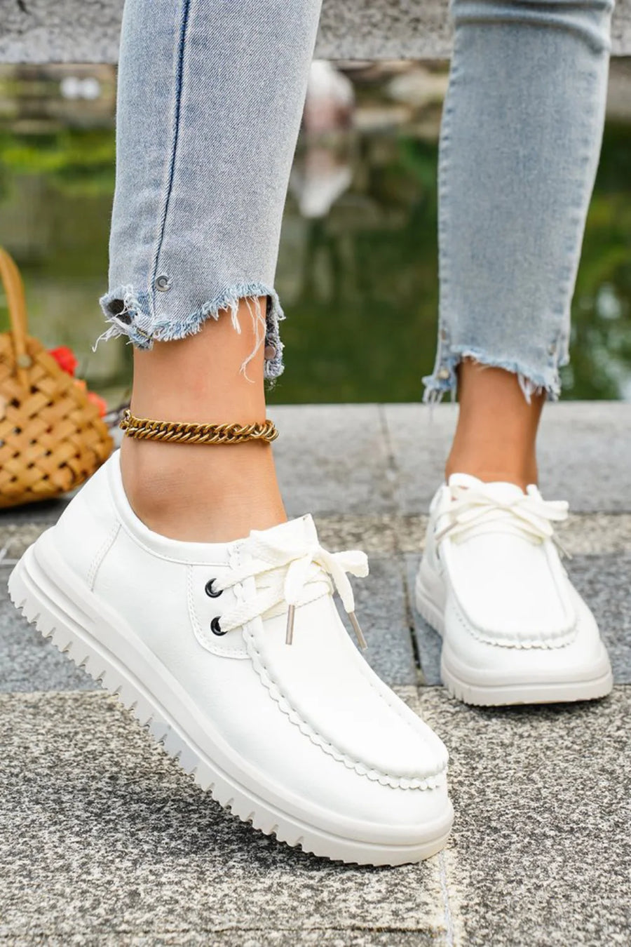 Mocassins décontractés à plateforme, bout rond, lacets et bords festonnés