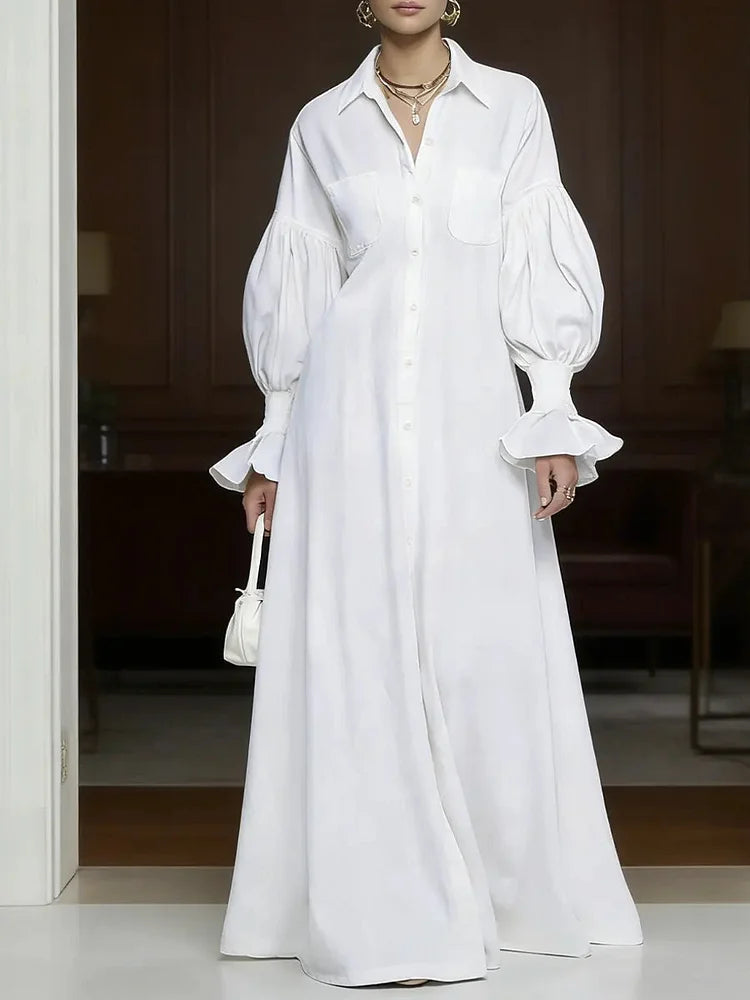 Women's Retro Stylish Lapel Button Art Casual Long Sleeve Cotton Maxi Dress