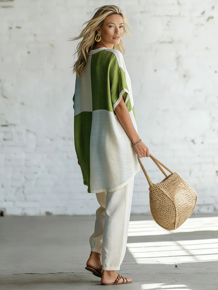 Artistic Color-block Patchwork Linen And Cotton Two-piece Set