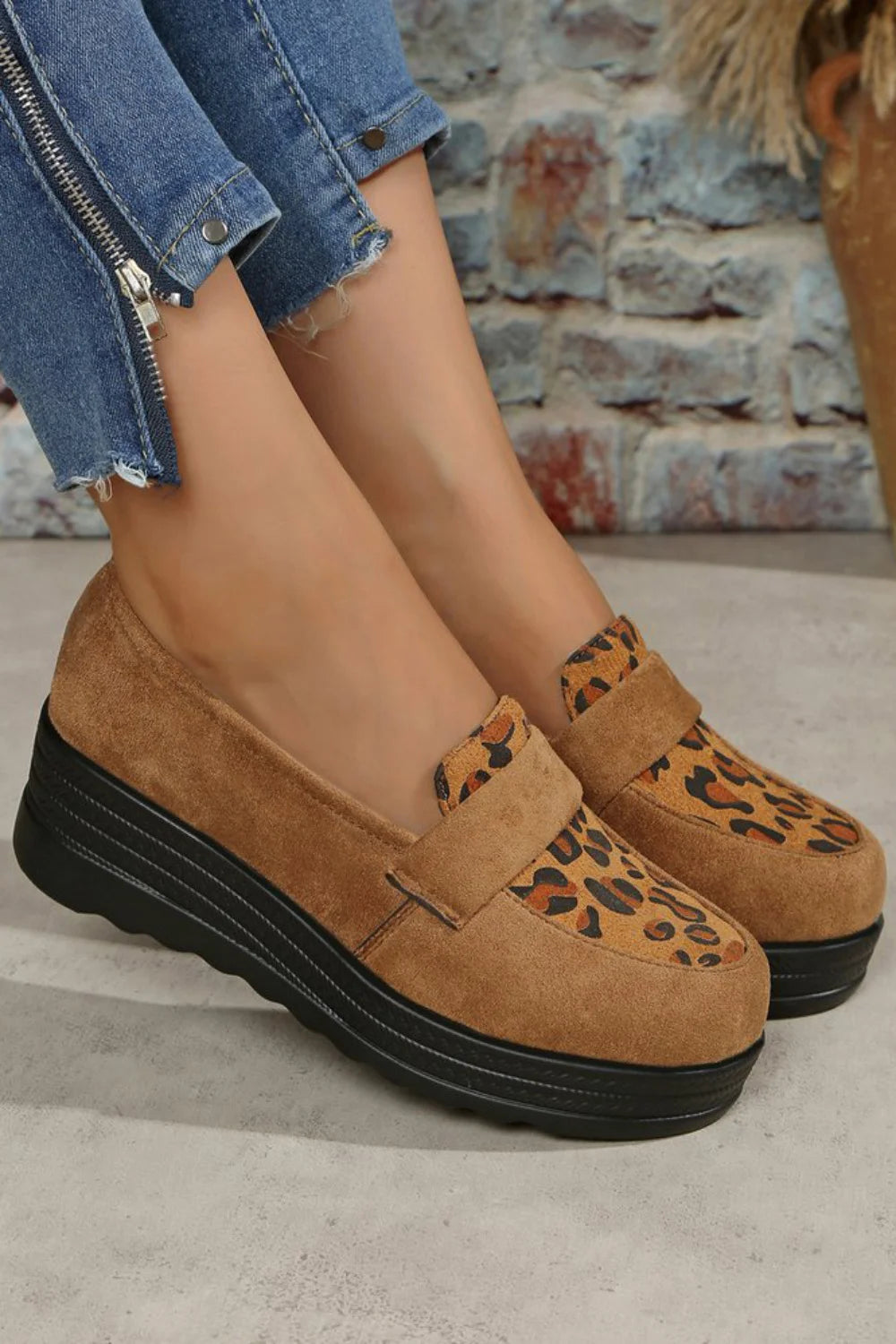 Leopard Print Penny Strap Trim Platform Wedge Round Toe Loafers