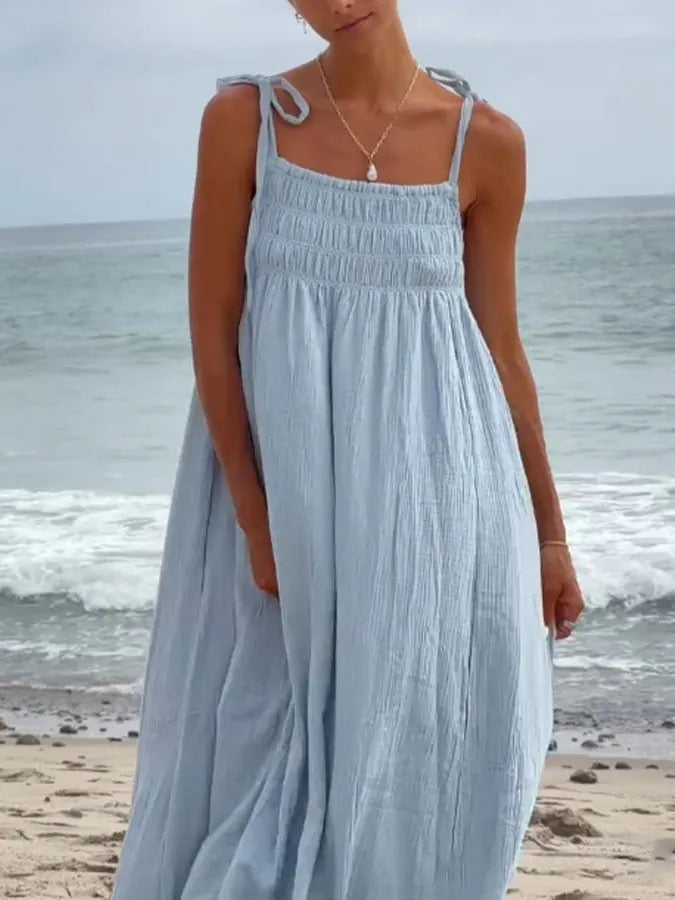 Women's Casual Solid Color Suspender Shirred Dress