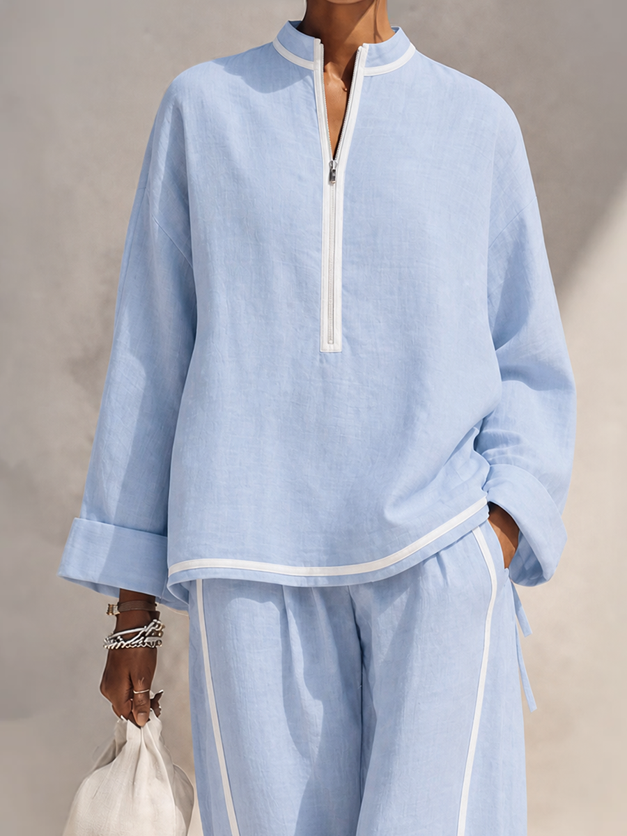 Women's Light‑Blue Linen Fabric Stand‑Collar Half‑Zip Oversized Top & Wide‑Leg Pants Set