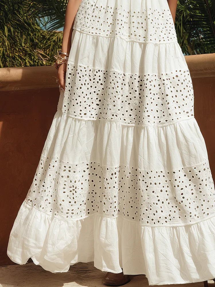 Bohemian Sleeveless Cutout White Cotton-Linen Maxi Dress