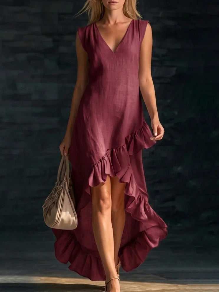 Romantic V-neck Ruffled Hem Linen-cotton Maxi Dress