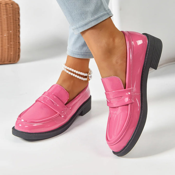 Solid Color Patchwork Round Toe Low Block Heel Loafers