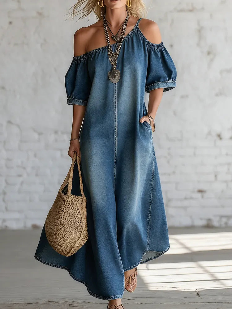 Elegant Off-shoulder Slit Hem Denim Maxi Dress