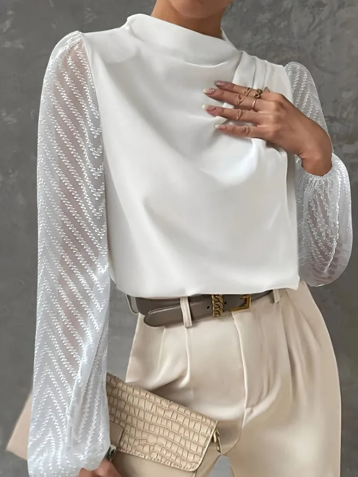 Elegant Sheer-Sleeve Mock Neck Blouse