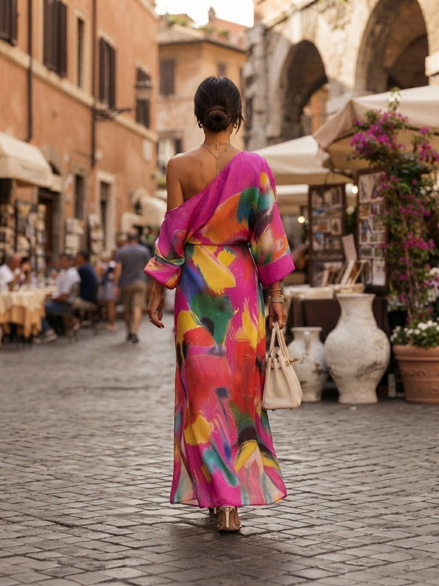 Dinah - Artistic Print One-shoulder Maxi Dress