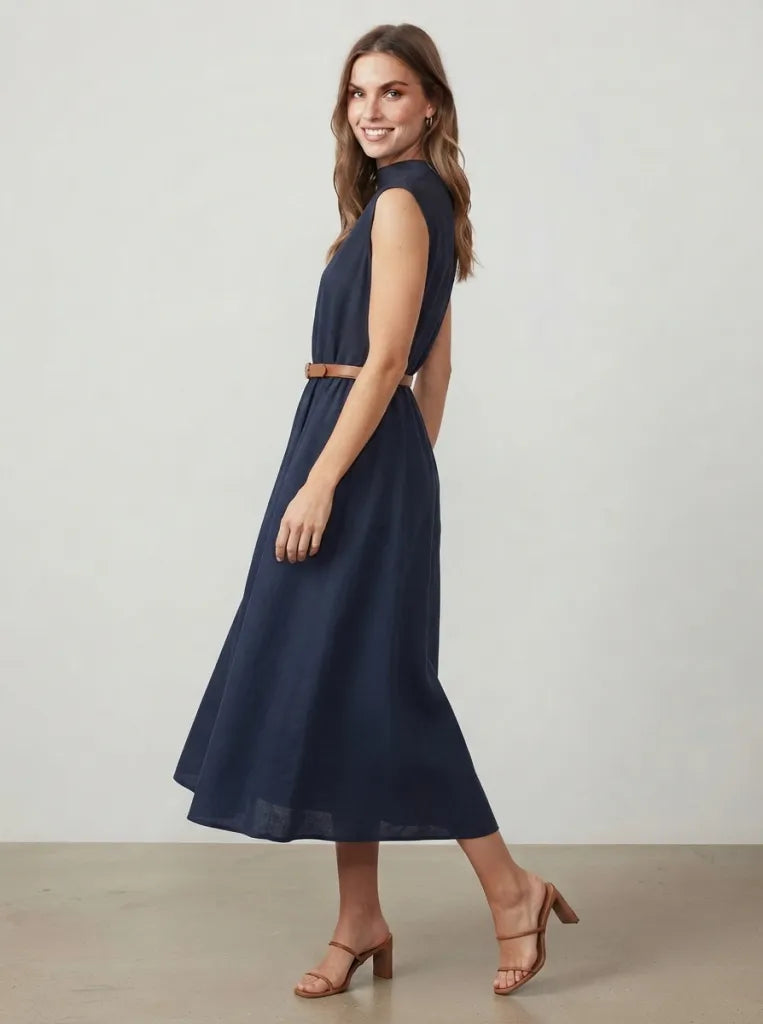 Belted High-Neck Pleated Maxi Dress
