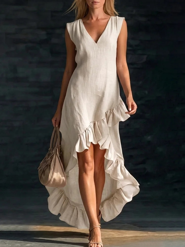 Romantic V-neck Ruffled Hem Linen-cotton Maxi Dress