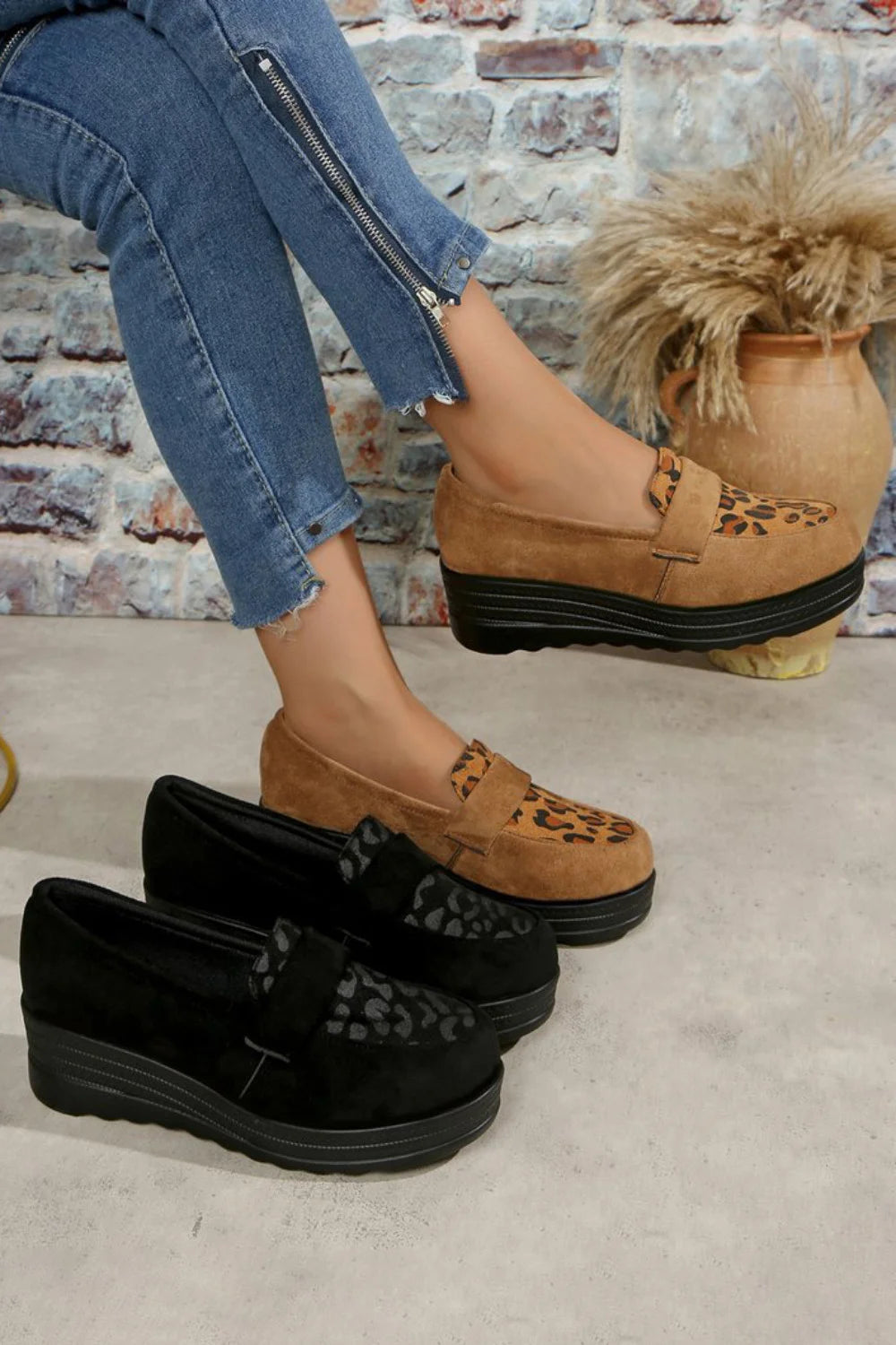 Leopard Print Penny Strap Trim Platform Wedge Round Toe Loafers