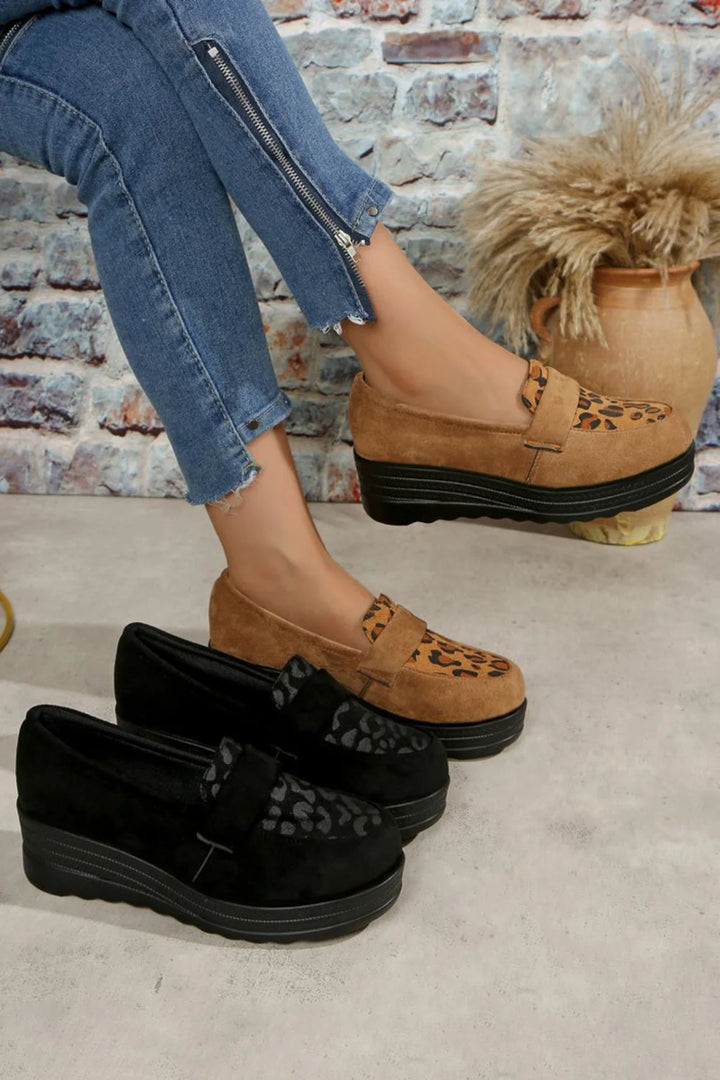 Leopard Print Penny Strap Trim Platform Wedge Round Toe Loafers