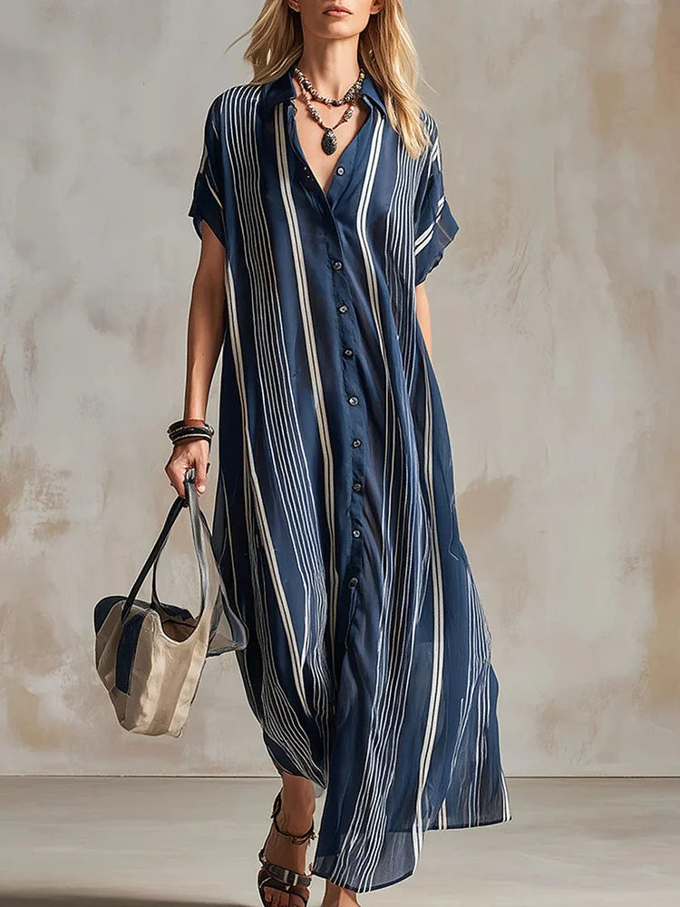 Women's Casual Loose-fit Shirt-collar Dress With Short Sleeves And Geometric Print