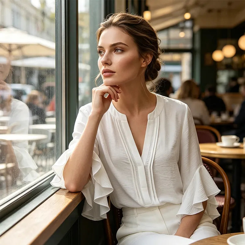 V-Neck Ruffled Sleeve Top