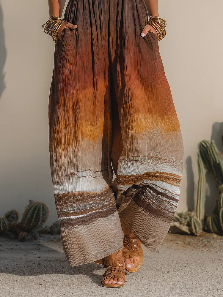 Retro Vacation-Style Sleeveless Sunset-Hued Print Wide-Leg Jumpsuit