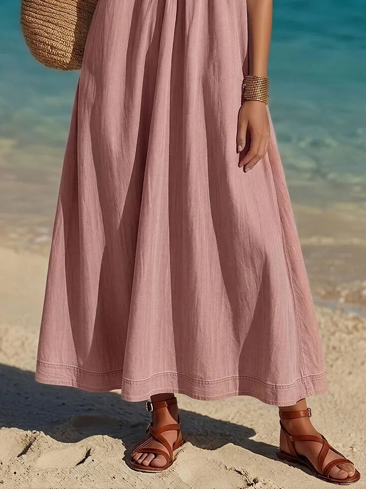 Minimalist Vacation-Style V-Neck Sleeveless Pink Denim Maxi Dress