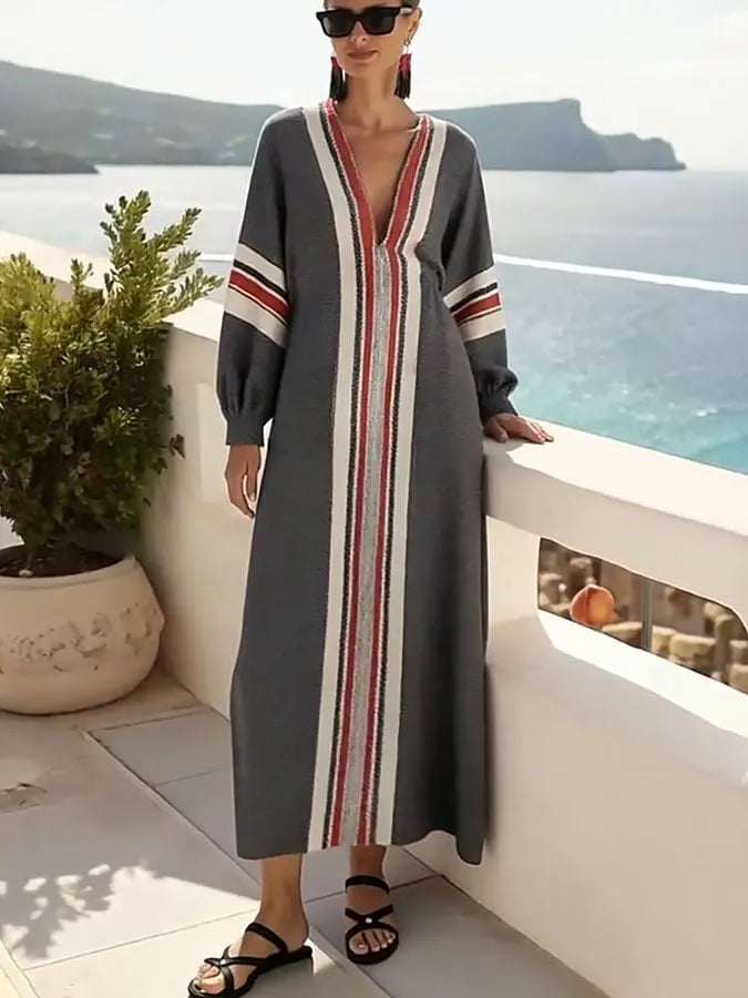 Women's Loose Contrast Stripe Printed Cotton and Linen Dress