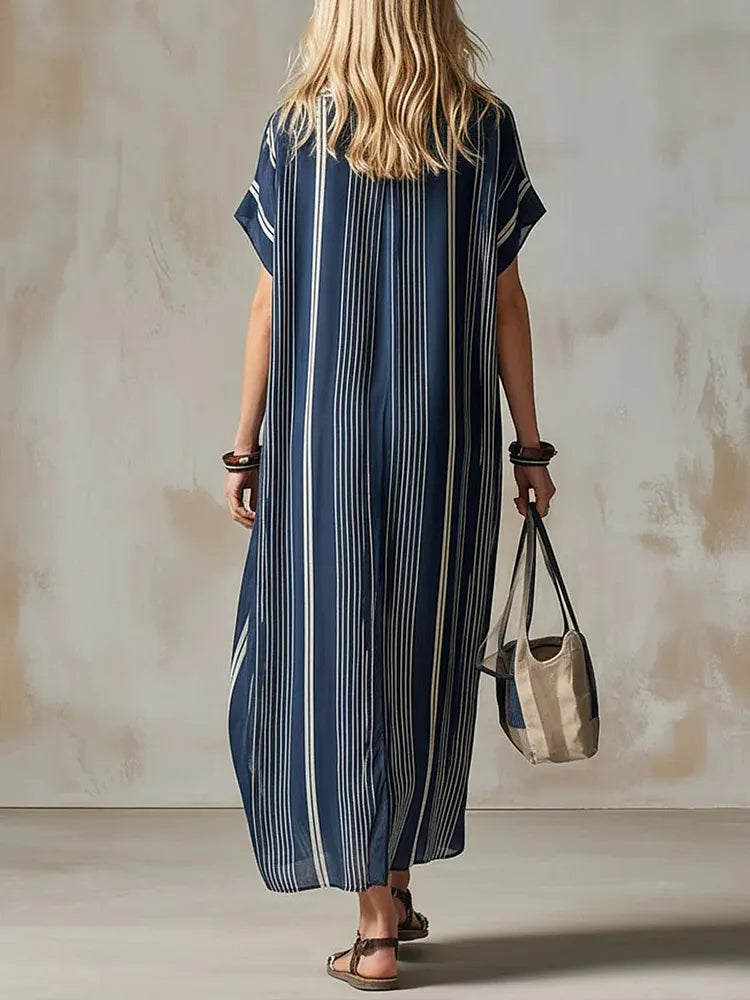 Women's Casual Loose-fit Shirt-collar Dress With Short Sleeves And Geometric Print