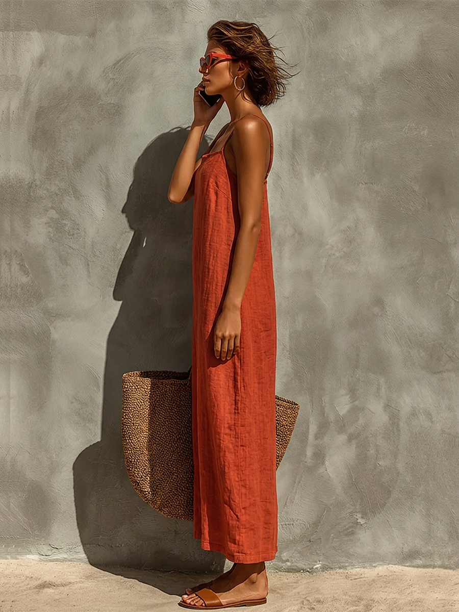 Women's Red Cotton Dress With Spaghetti Straps & Square Neck, Timeless Boho-Resort Style Dress