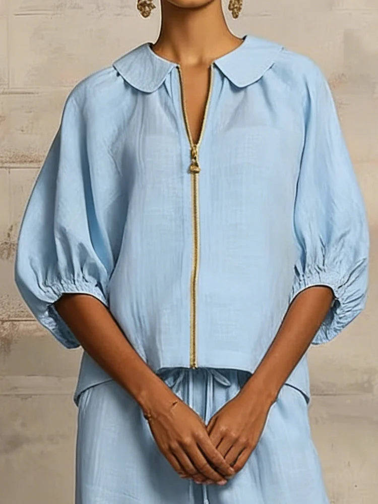 Stylish Peter Pan Collar Zip-up Shirt And Wide-leg Pant Linen Cotton Set