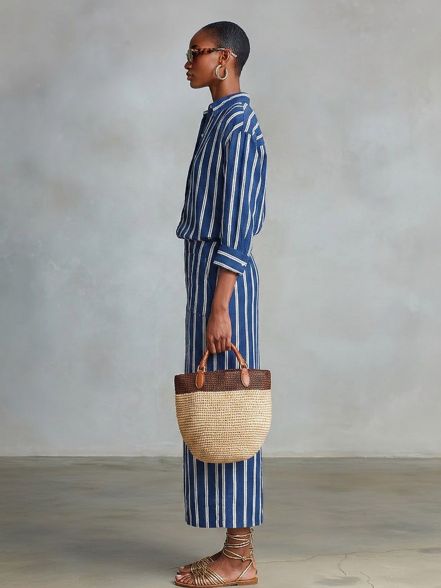 Women's Royal Blue White Stripe Cotton-Blend Co-Ord With Button Front Blouse & Elastic Waist Straight Maxi Skirt, Effortless-Chic Summer Daily Outfit