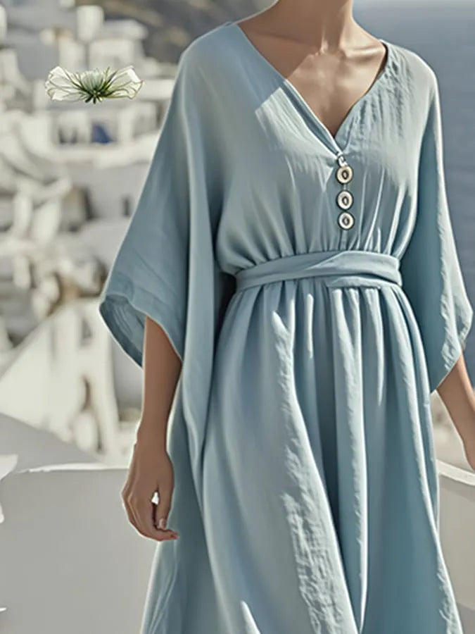 Summer Cotton&Linen V-neck Button Dress
