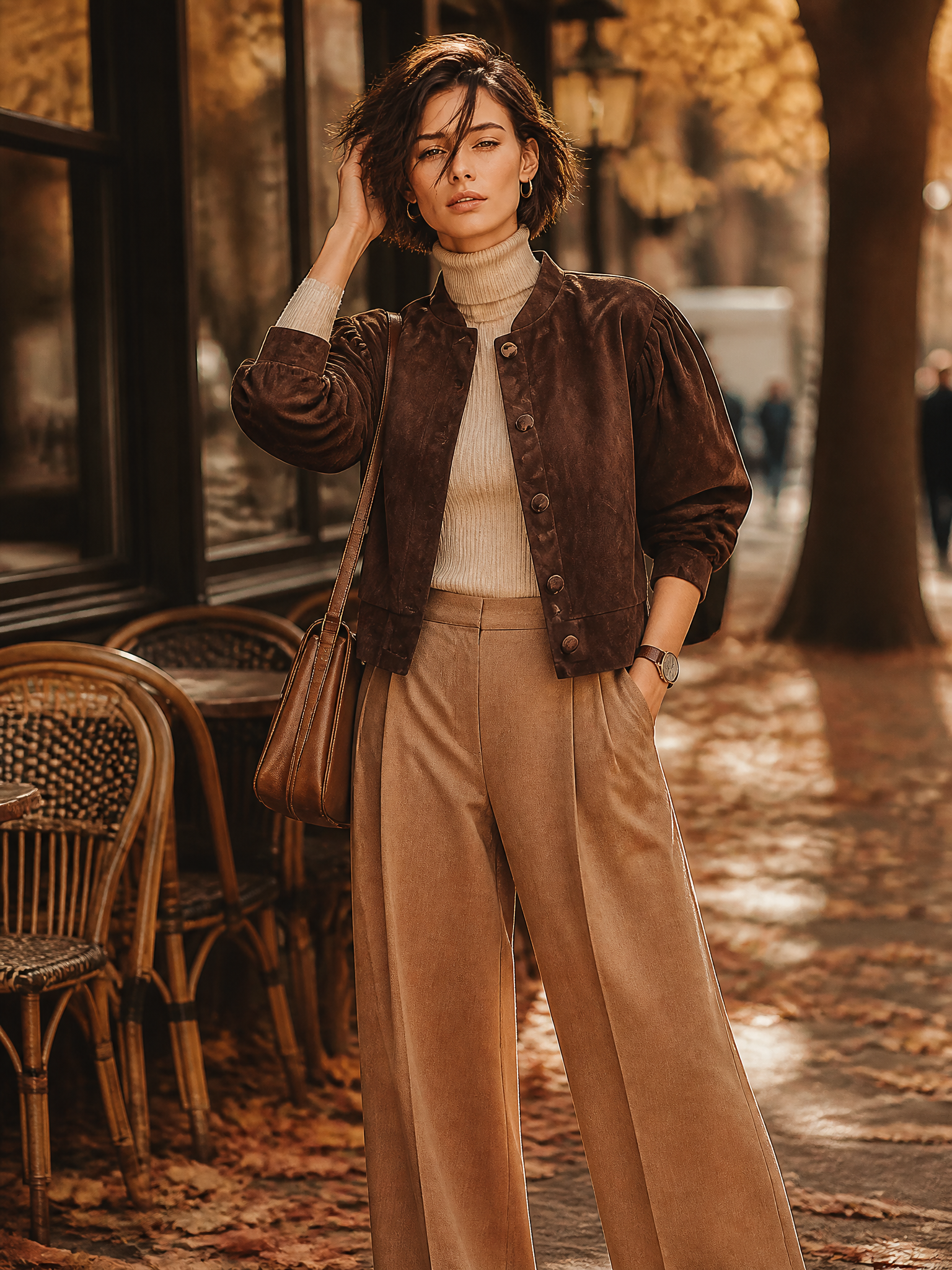 Women's Stand Collar Puff Sleeve Brown Jacket