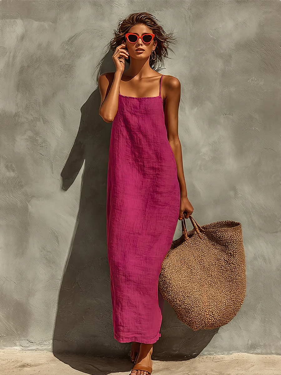 Women's Red Cotton Dress With Spaghetti Straps & Square Neck, Timeless Boho-Resort Style Dress