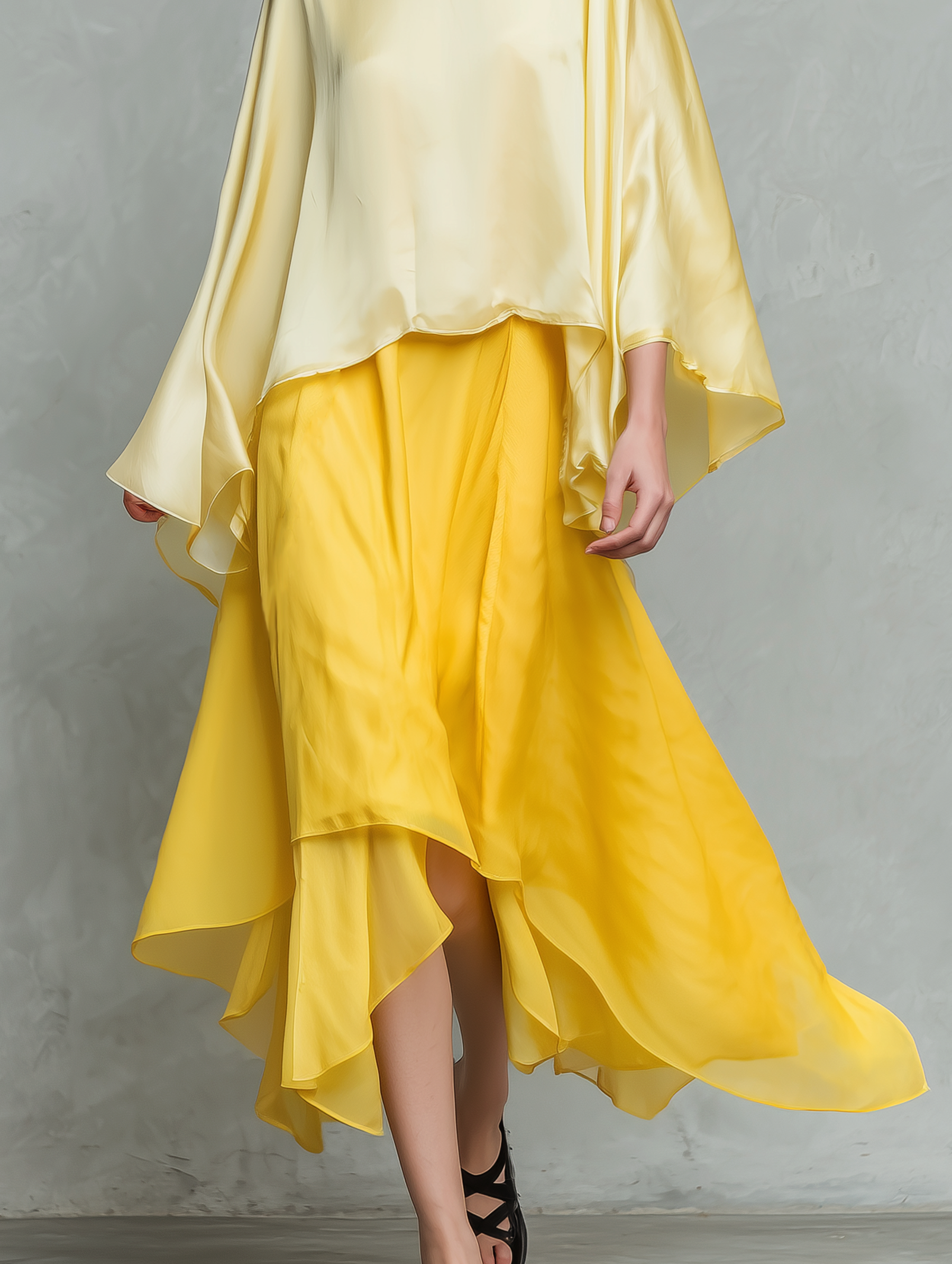 Women's Casual Yellow Satin Long-Sleeve Top Paired With A Chiffon Skirt