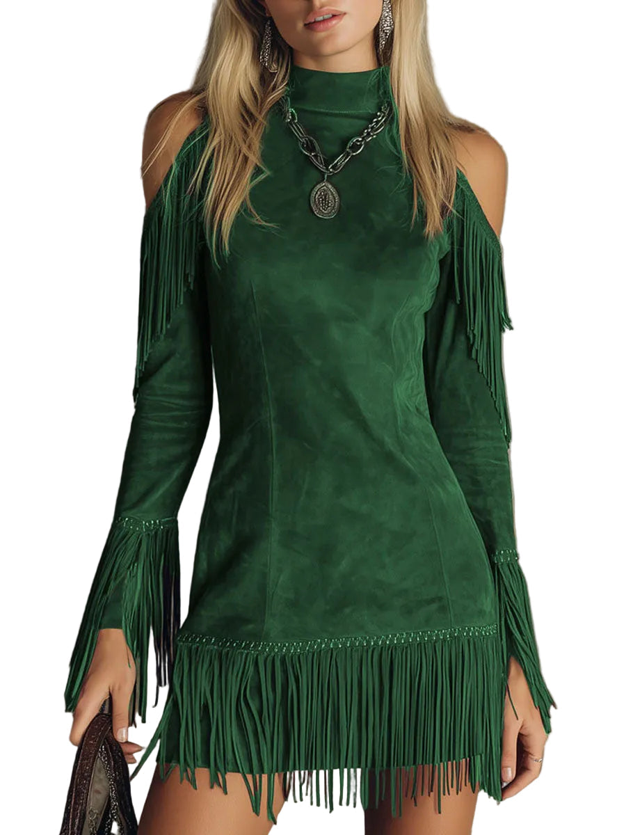 Betty - Mini-robe à manches longues en simili daim frangé, encolure semi-montante et épaules dénudées