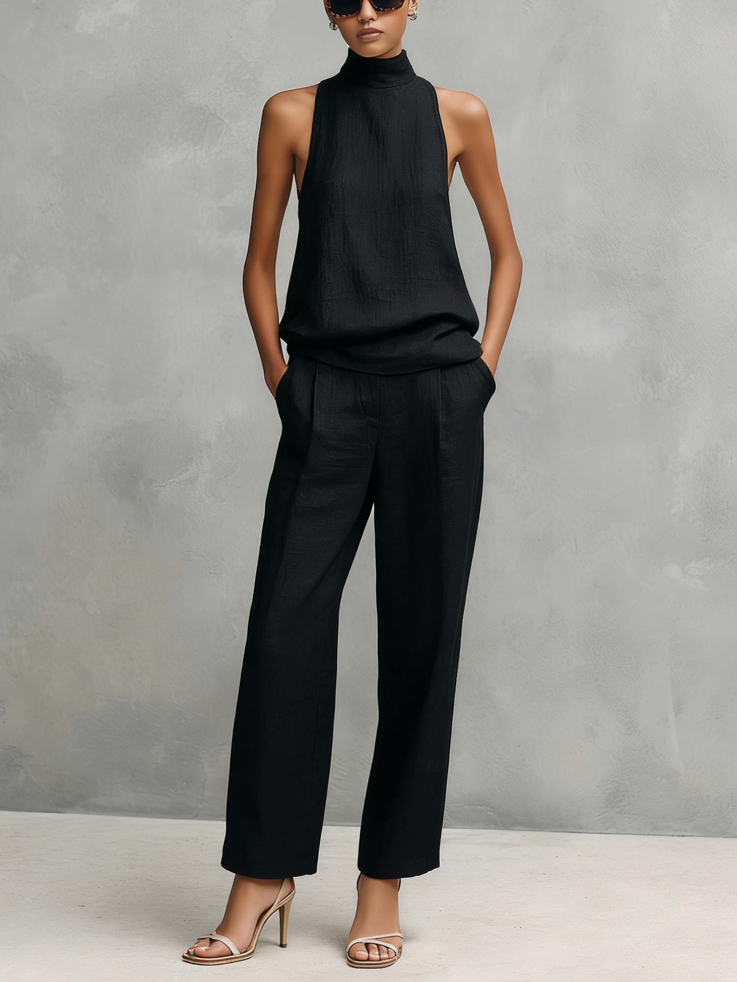 Women's Elegant Black Cotton And Linen Round-neck Sleeveless Top And Trousers Set