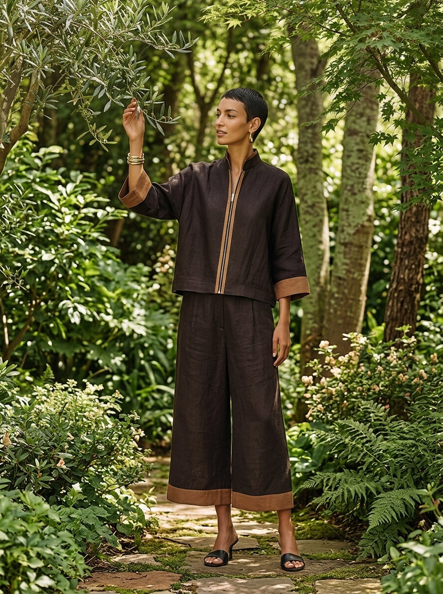 Women's Dark‑Brown Linen Fabric Stand‑Collared Zip‑Up Crop Top & Wide‑Leg Pants Set