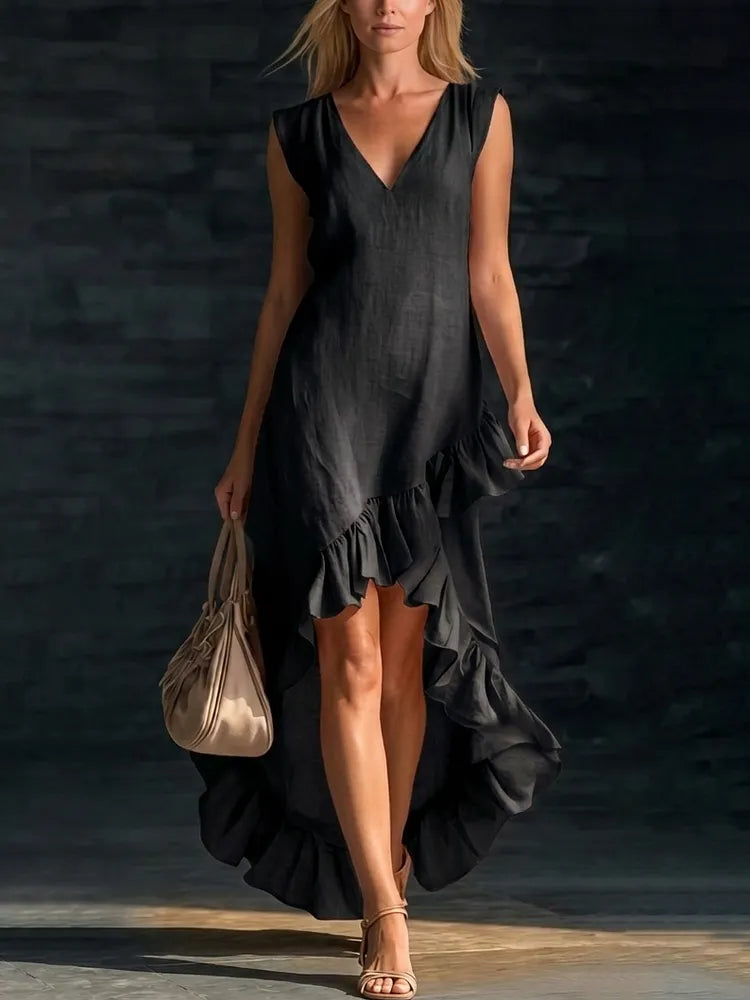 Romantic V-neck Ruffled Hem Linen-cotton Maxi Dress
