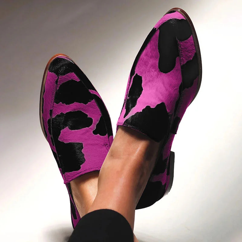 Mocassins décontractés à bout pointu en cuir véritable motif vache