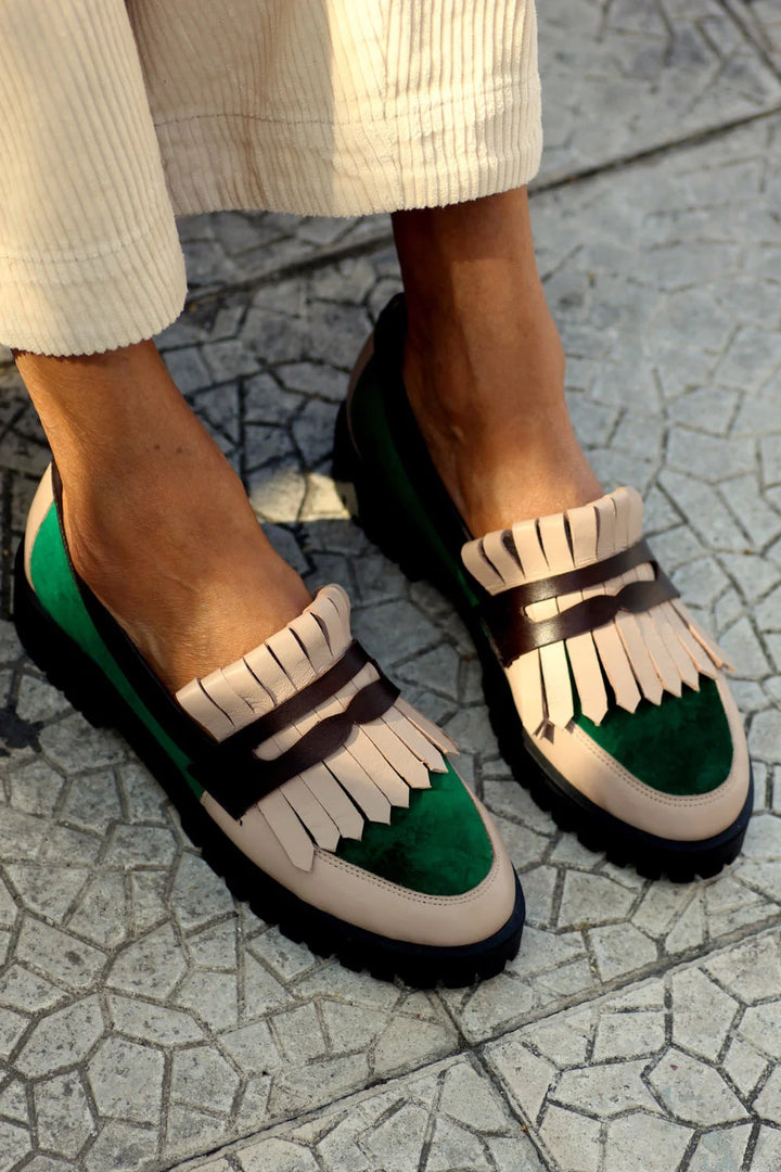 Color Block Tassels Trim Patchwork Round Toe Green Loafers [Pre Order]