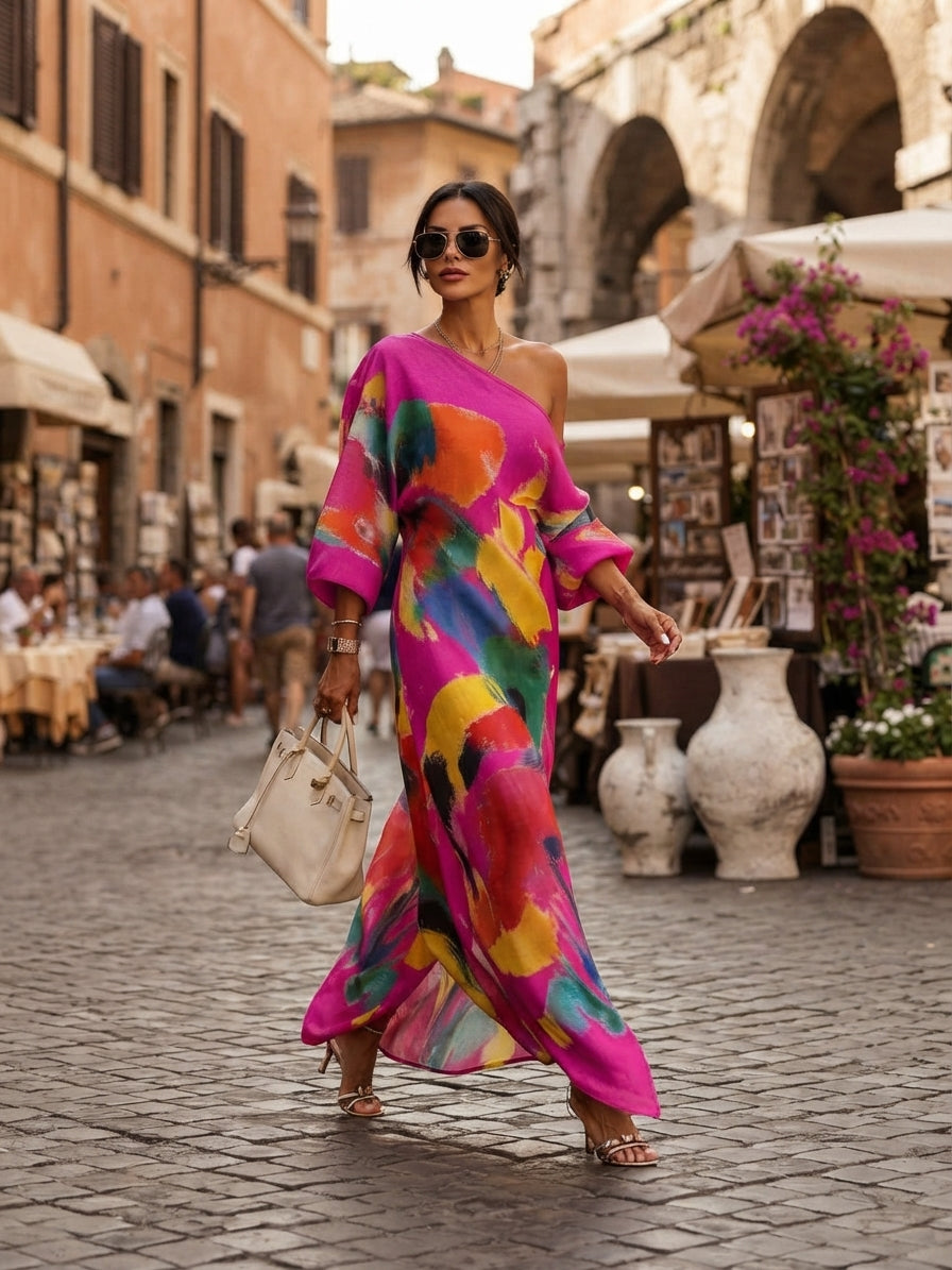Dinah - Artistic Print One-shoulder Maxi Dress