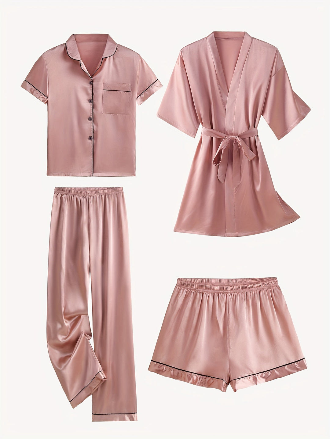 Juliette | 4-Piece Solid Satin Pajama Mid-Sleeve Robe Set