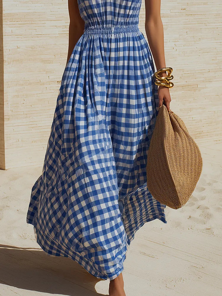Minimalist Vacation-Style V-Neck Sleeveless Yellow Plaid Cotton Maxi Dress