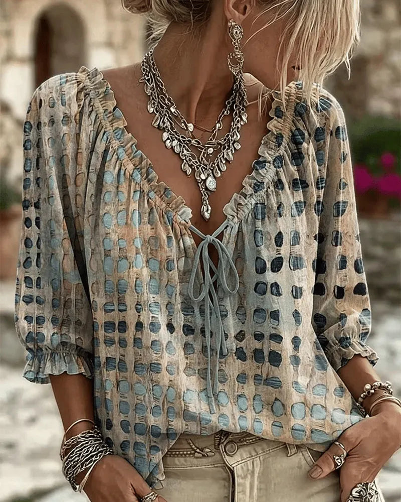 Araminta - Soft-Touch Lace-Up V-Neck Blouse