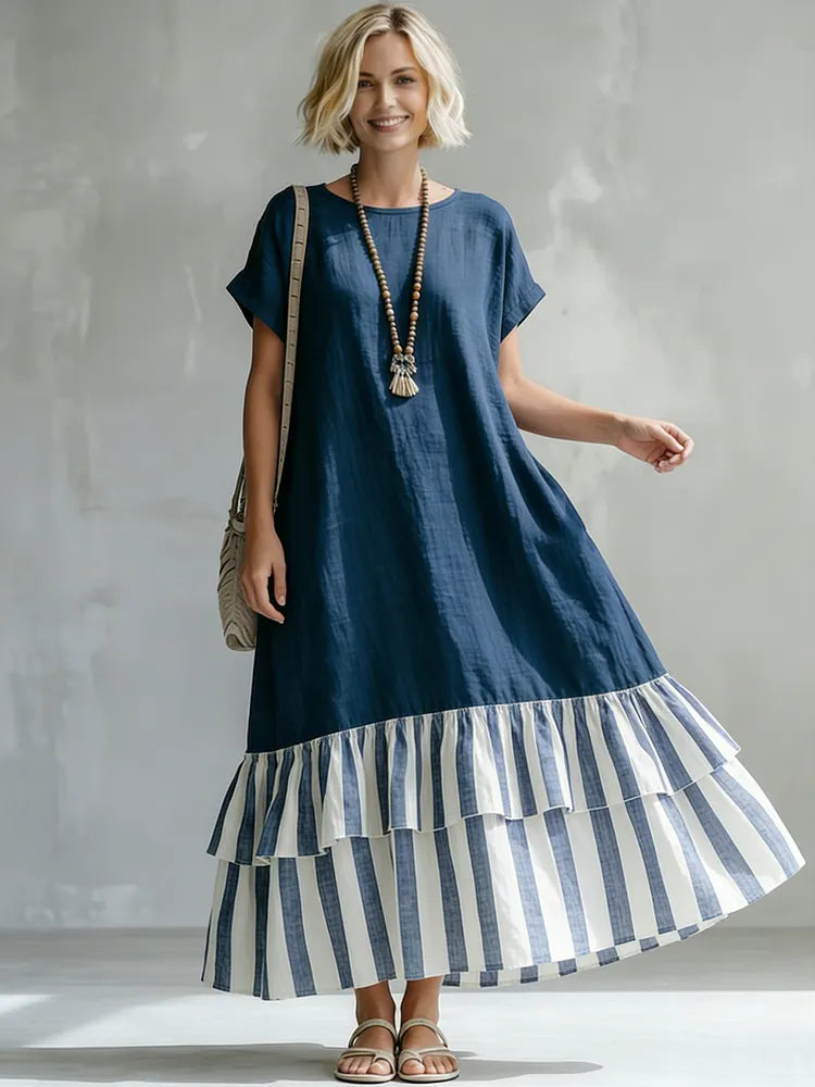 Cozy Striped Patchwork Ruffled Loose Cotton-linen Maxi Dress