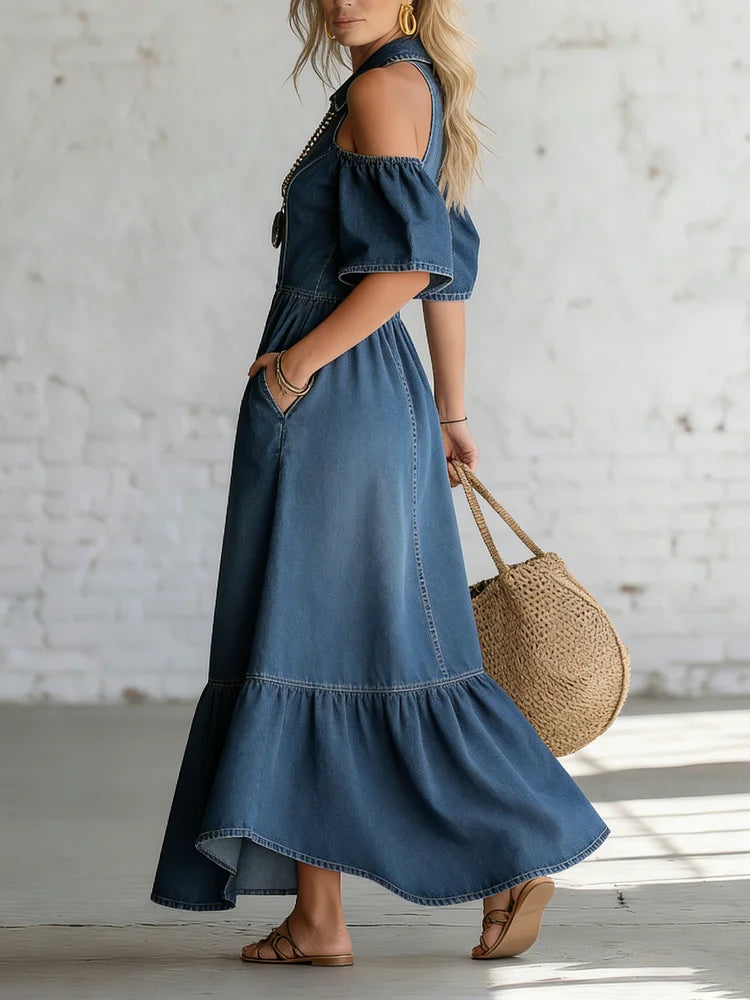 Elegant Off-shoulder Denim Maxi Dress