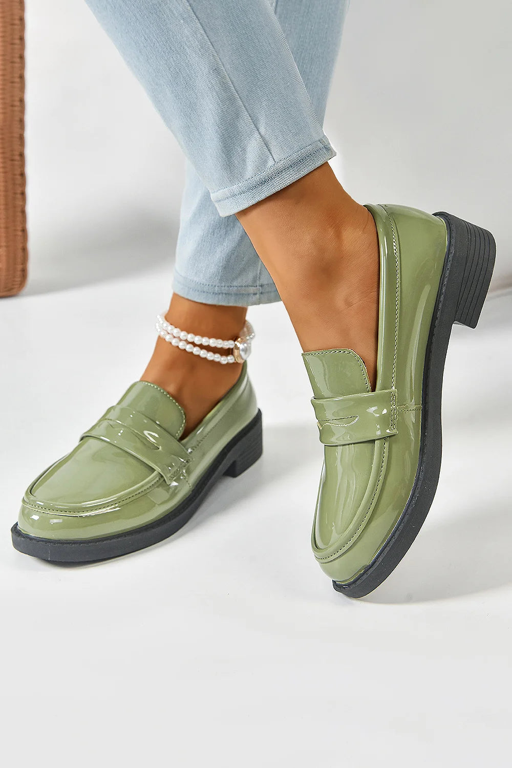 Solid Color Patchwork Round Toe Low Block Heel Loafers