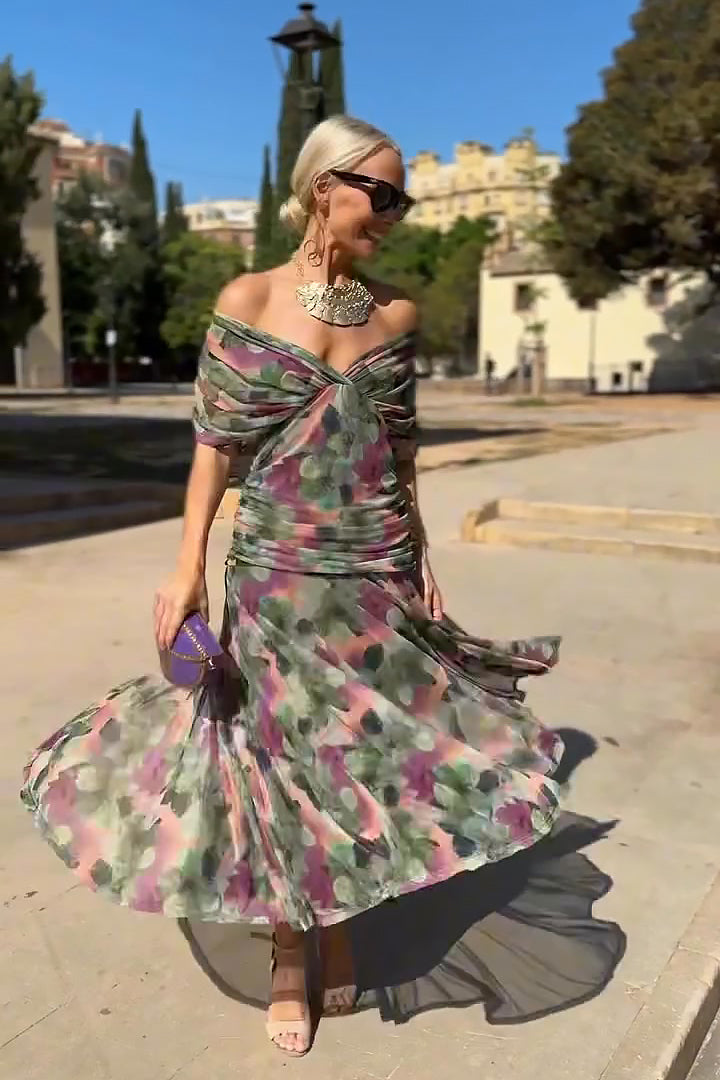 Elegantní maxi šaty na večírek s výstřihem do V a fantazijním květinovým potiskem